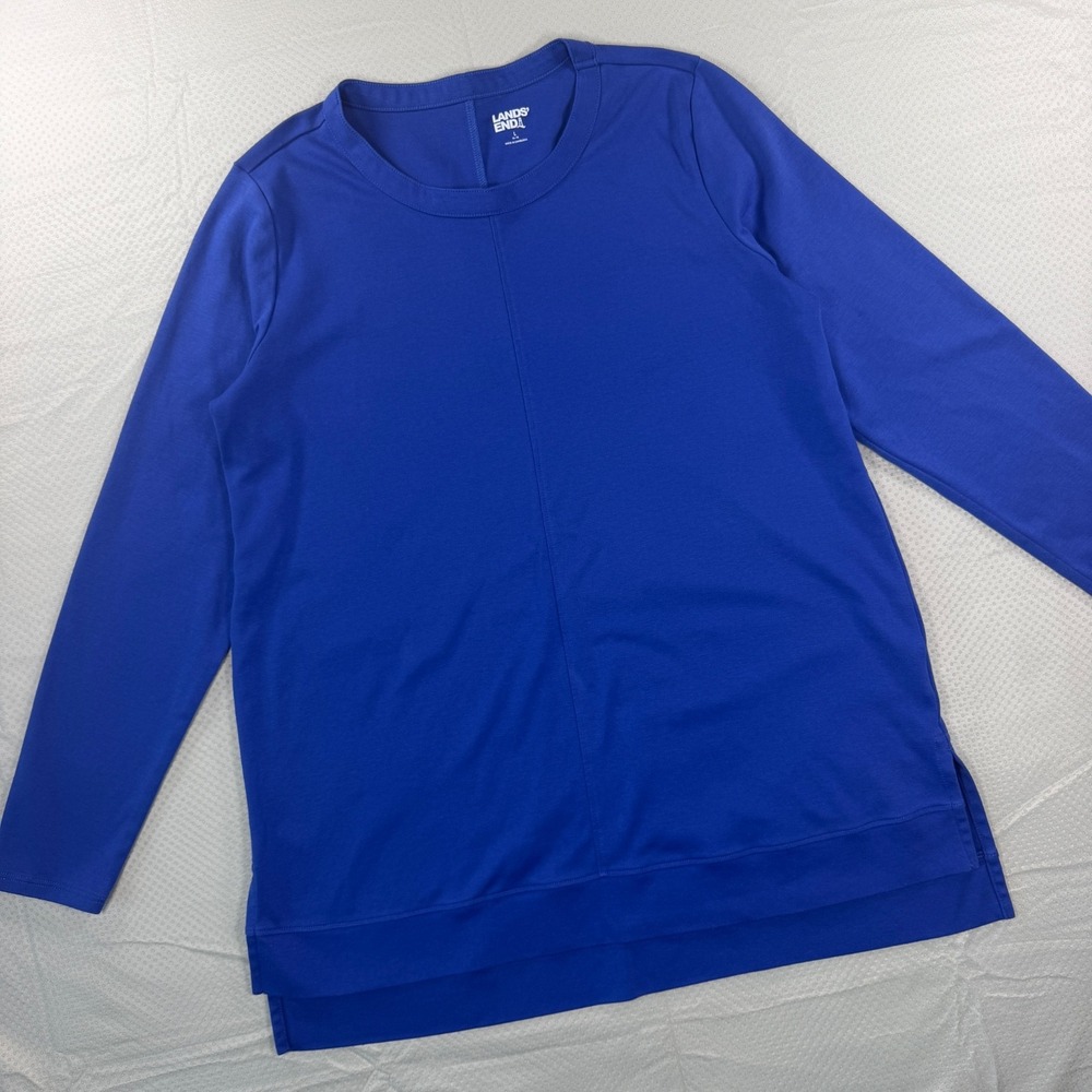Lands End Womens Large 14-16 Blue Long Sleeve Tunic Top Crew Neck Cotton Blend